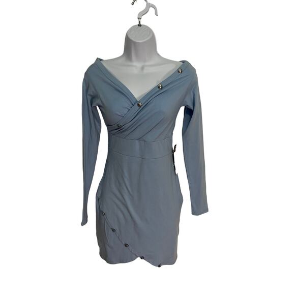 Bebe off-shoulder sheath dress Size XS Baby blue wedding guest love island theme - Picture 4 of 14